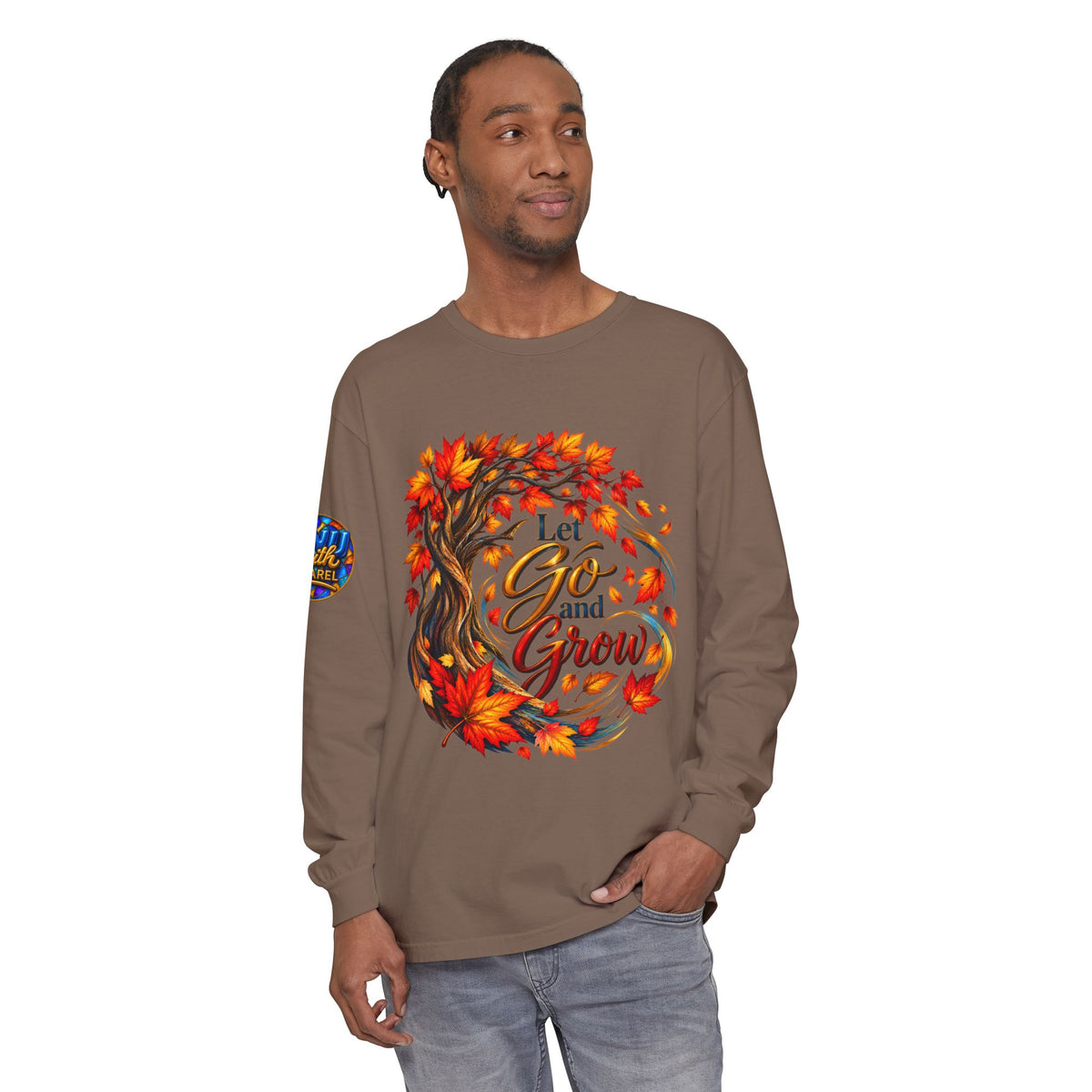 Let Go and Grow Inspirational Fall Long Sleeve Shirt Positive Autumn Graphic Tee