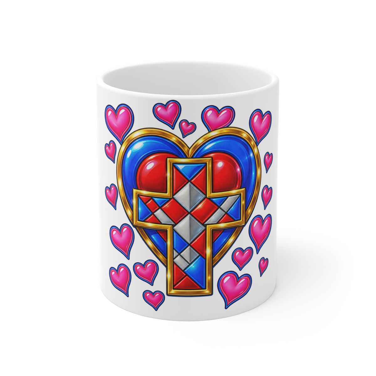 Colorful Heart and Cross Mug Christian Love Faith Coffee Cup Religious Gift