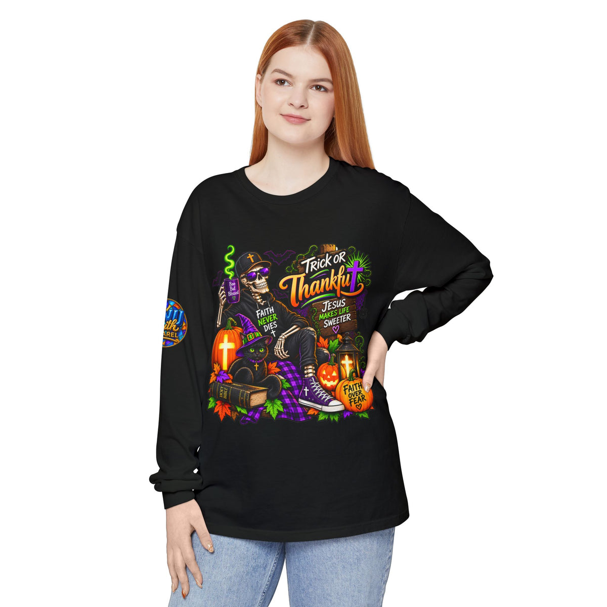 Trick or Thankful Christian Halloween Long Sleeve Shirt Faith Never Dies Tee