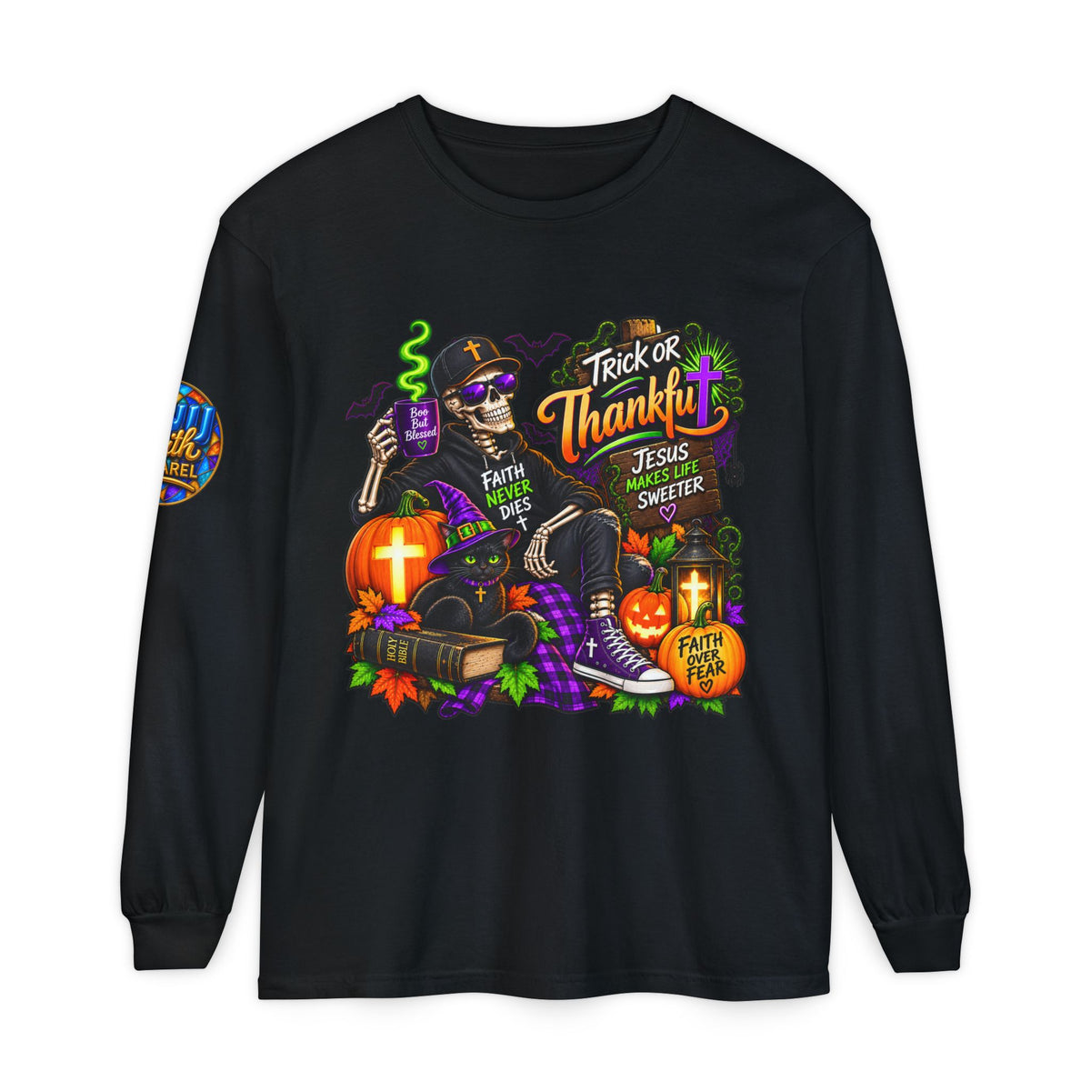 Trick or Thankful Christian Halloween Long Sleeve Shirt Faith Never Dies Tee