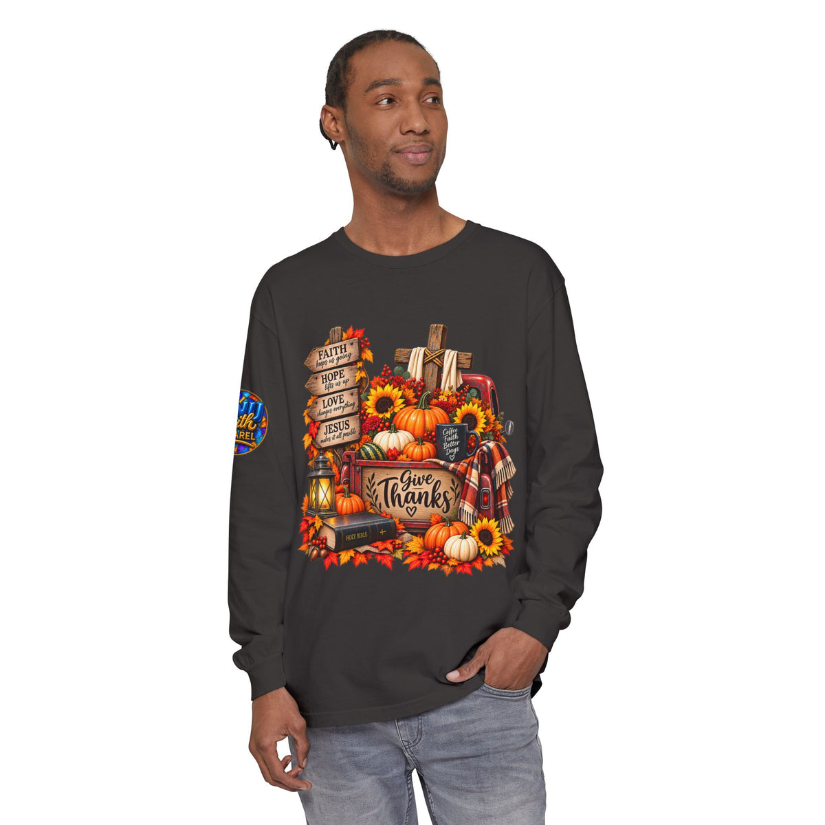 Give Thanks Christian Fall Long Sleeve Shirt Faith Gratitude Autumn Graphic Tee
