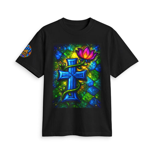 Blooming in Faith Stained Glass Cross Christian T-Shirt