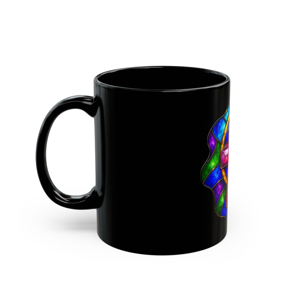 Stained Glass Cross Black Mug Colorful Christian Faith Coffee Cup Religious Gift