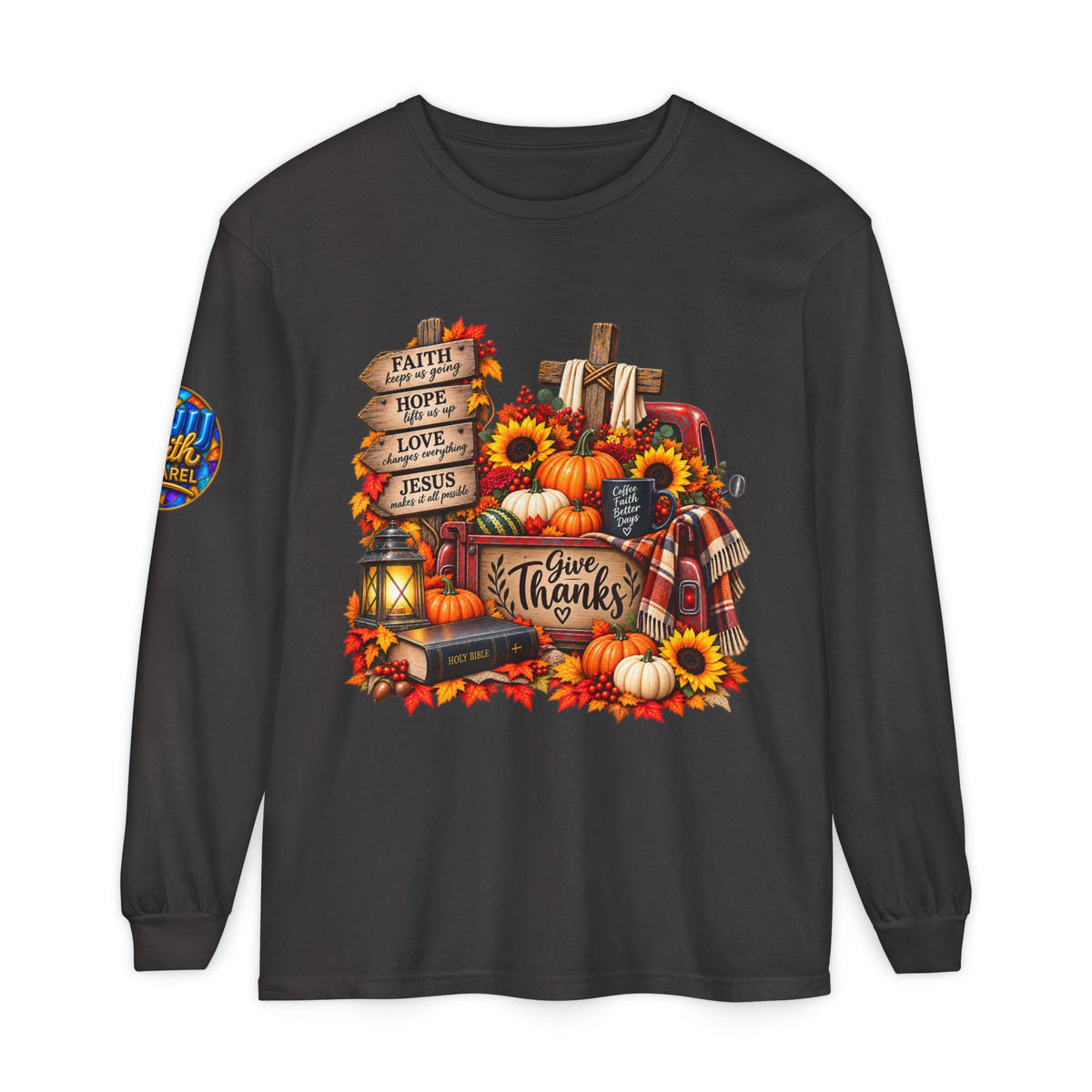 Give Thanks Christian Fall Long Sleeve Shirt Faith Gratitude Autumn Graphic Tee