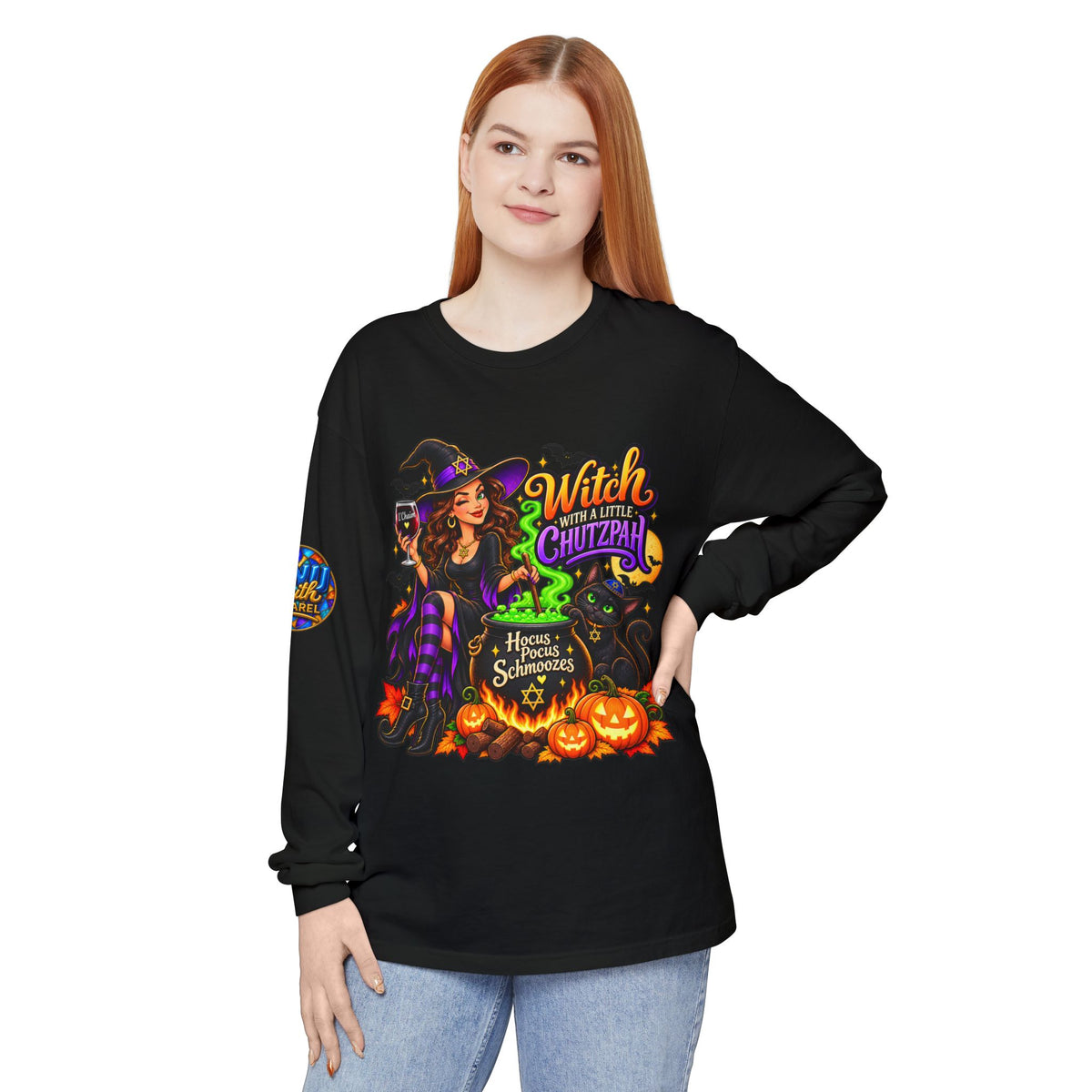 Witch With a Little Chutzpah Jewish Halloween Long Sleeve Shirt Funny Yiddish Tee