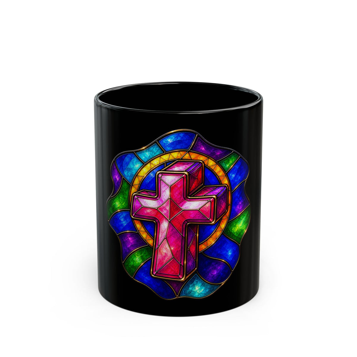 Stained Glass Cross Black Mug Colorful Christian Faith Coffee Cup Religious Gift