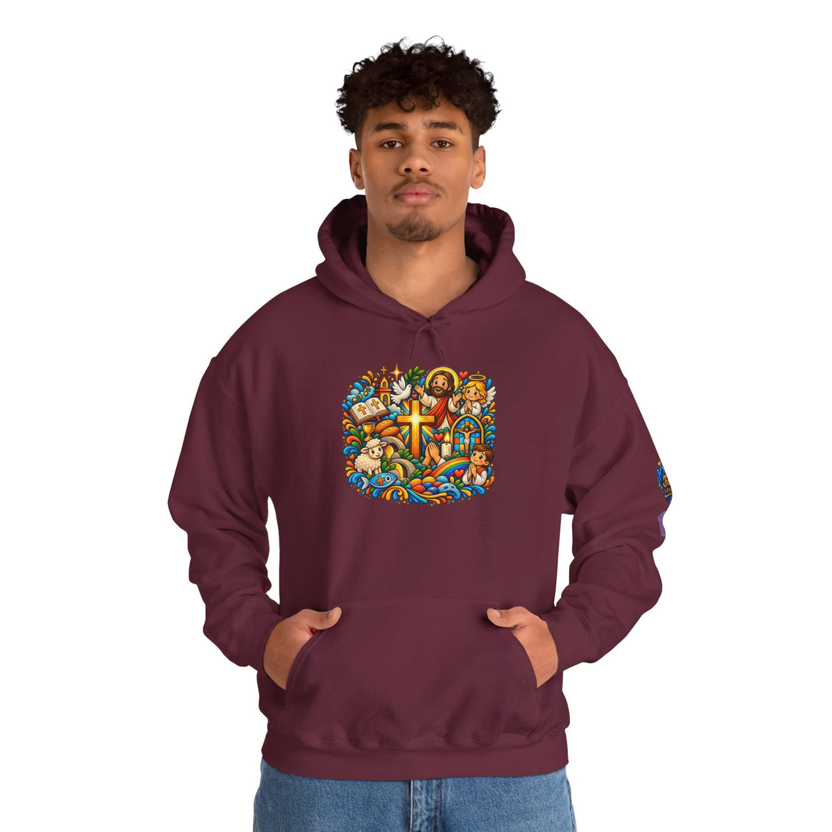 Religious Cross Mosaic Hoodie | Colorful Christian Faith Artwork