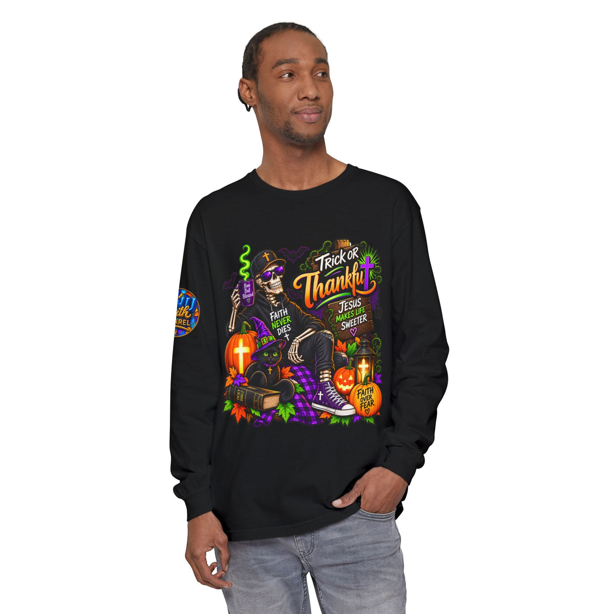 Trick or Thankful Christian Halloween Long Sleeve Shirt Faith Never Dies Tee