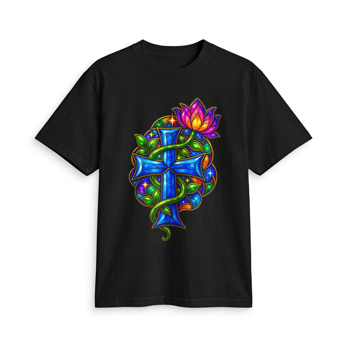 Blooming in Faith Stained Glass Cross Christian T-Shirt